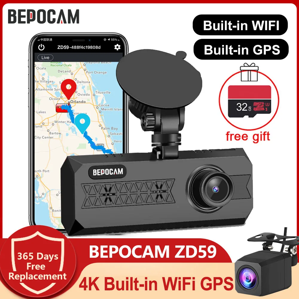 BEPOCAM ZD59 3 Lens Dash Camera Front and Rear 4K/2.5K+1080P Builtin WiFi GPS Night Vision Parking Monitor Car DVR with 32G Card