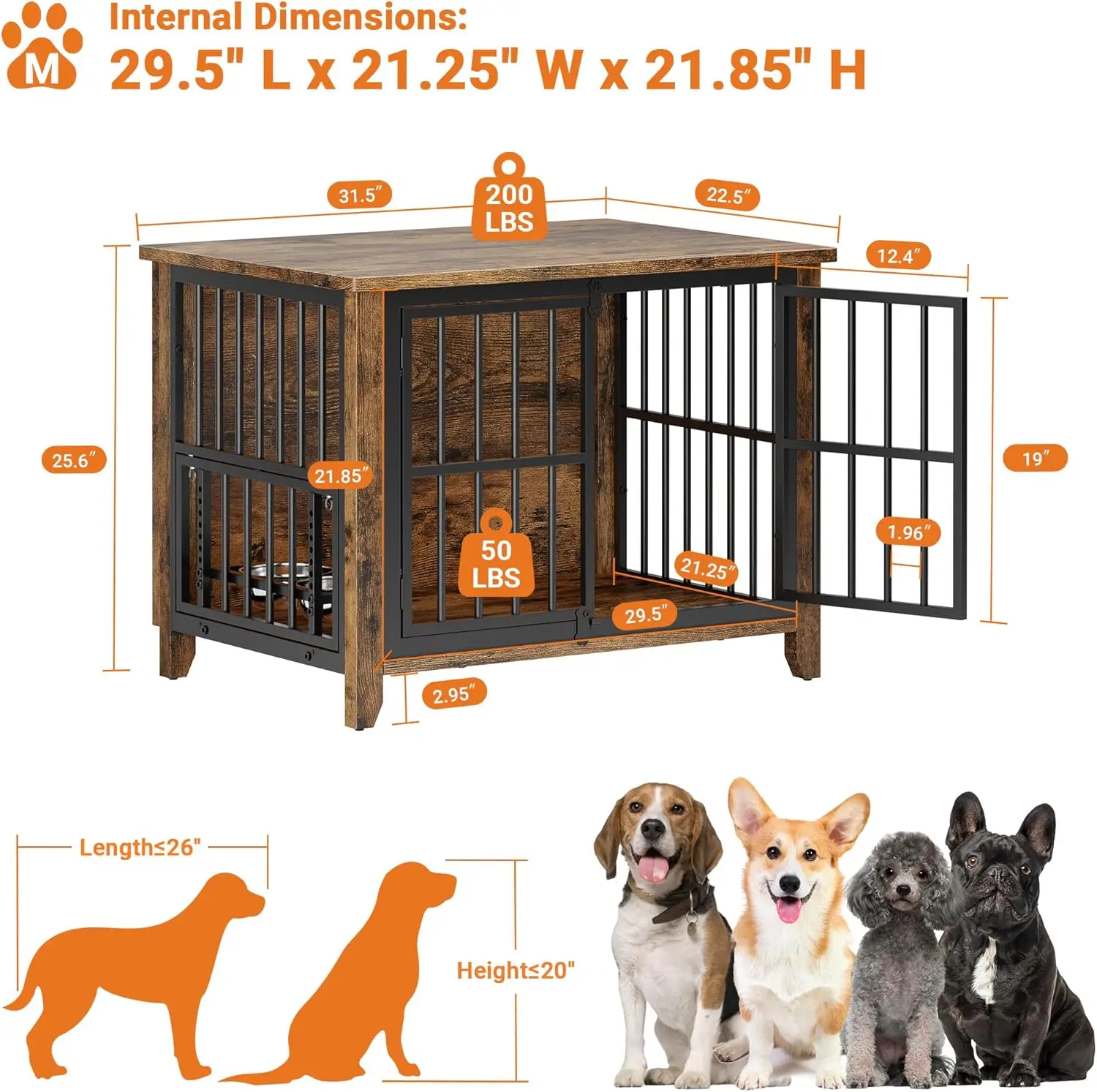 أثاث قفص للكلاب مقاس 31.5 بوصة، بيت كلب خشبي داخلي مع 360 درجة °   وحدة تغذية دوارة ووعاءين قابلين للتعديل، طاولة جانبية مزخرفة