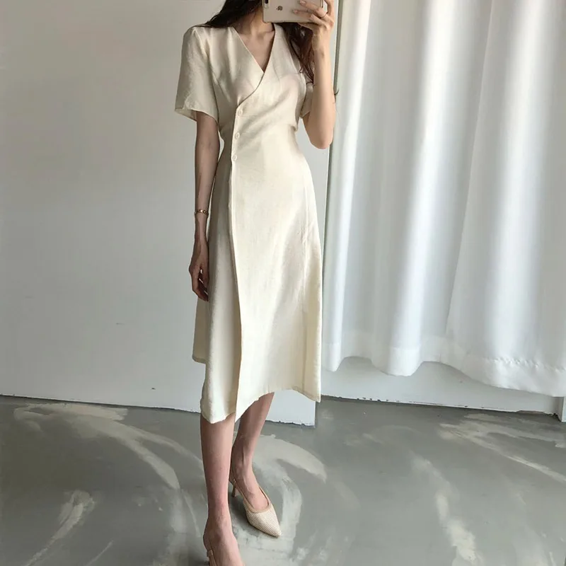 Summer New Cotton Linen Dress Retro Simple Fashiona V-neck Medium Length Waistband Side Three Button Short Sleeved Dress