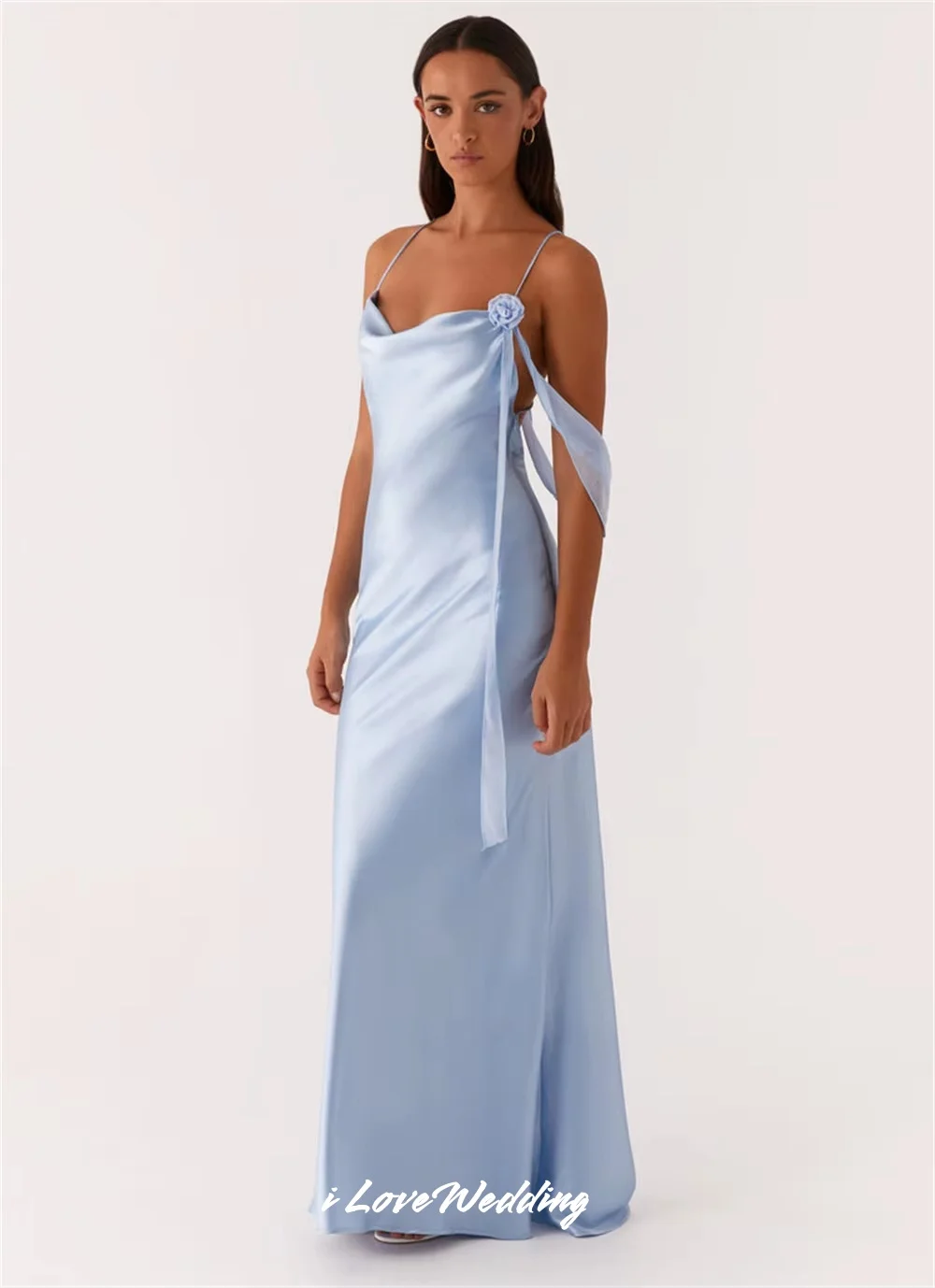 Blue Spaghetti-Strap Evening Dresses 2025 Sleeveless Backless Flower Pleated Mermaid Floor-Length Wedding Party Dress Customized