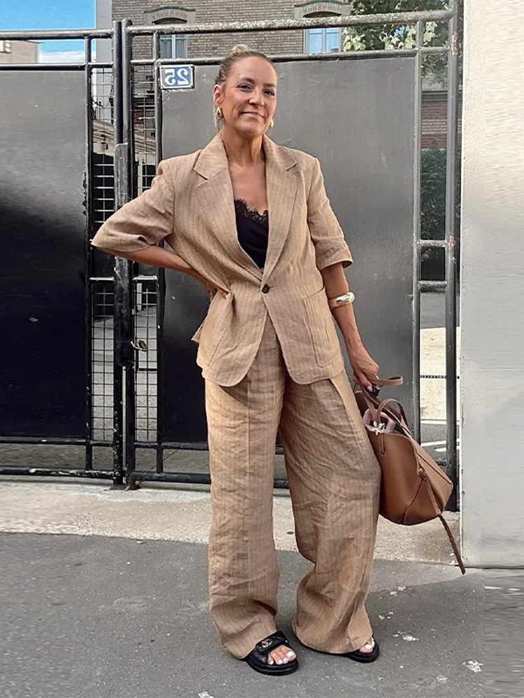 

Striped Short Sleeve Suit Jacket Pants Suits Women Elegant Deep V One Button Pockets Jackets With High Waist Wide Leg Trousers