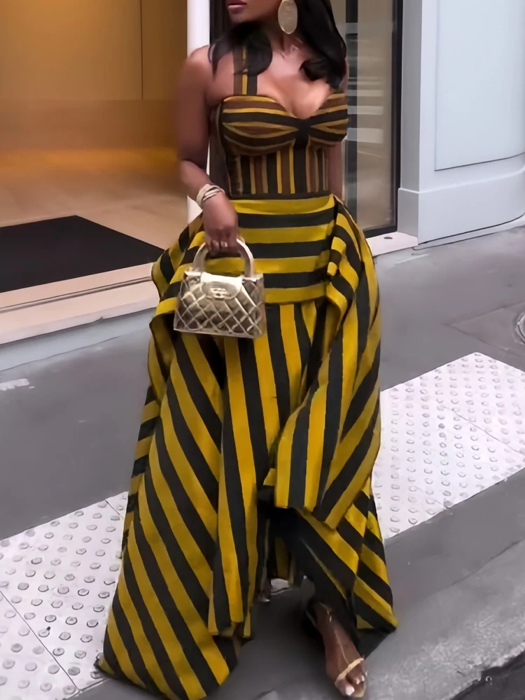 Striped Two Piece Set Halter Bustier Crop Top & High Waist Ruffled Maxi Skirt Matching Set Women African Fashion Elegant Outfit