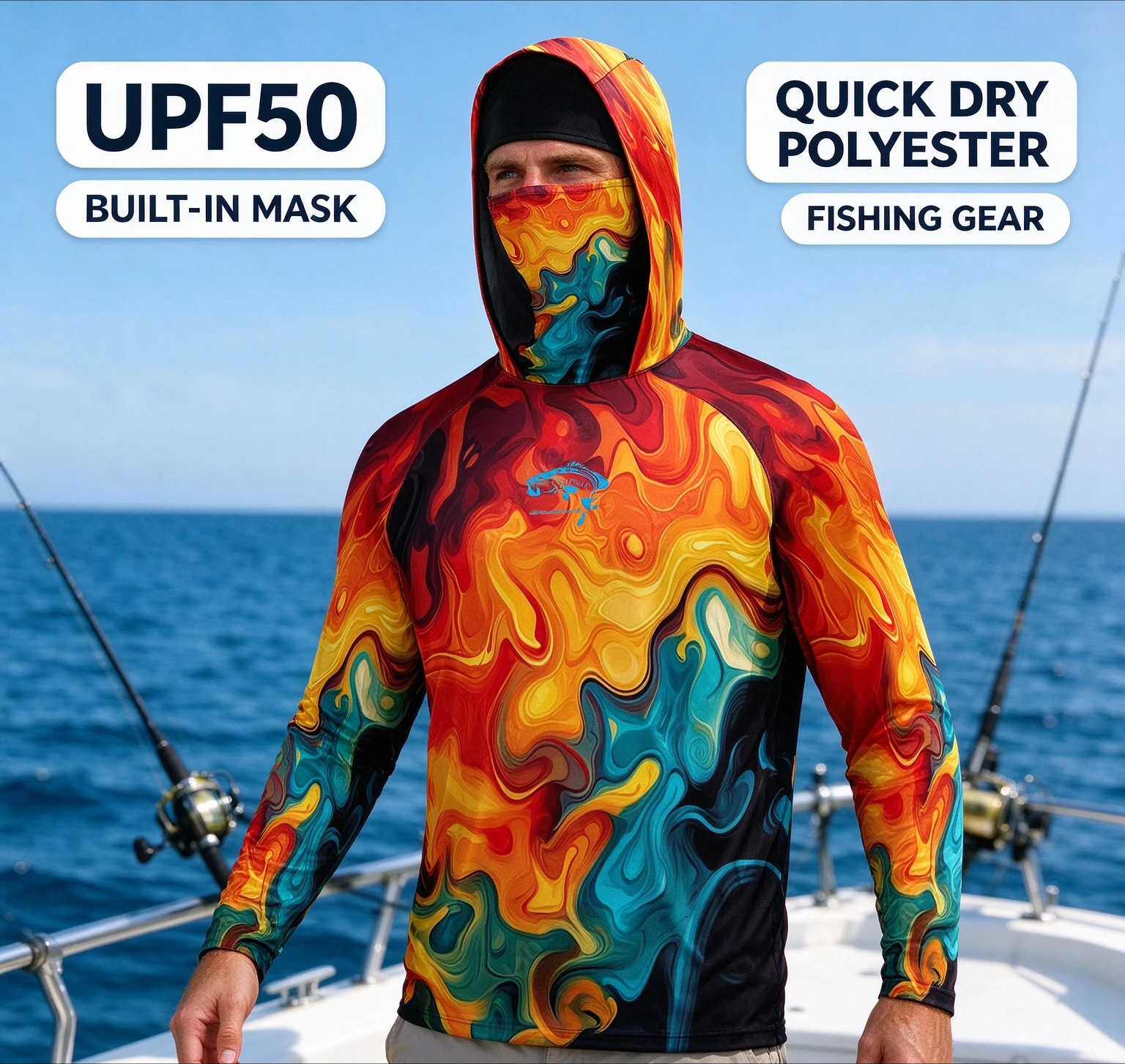 Men Color Swirl Abstract Print Fishing Hoodie UPF50 UV Shield Built-in Face Mask Polyester Quick Dry Long Sleeve Angling Garment