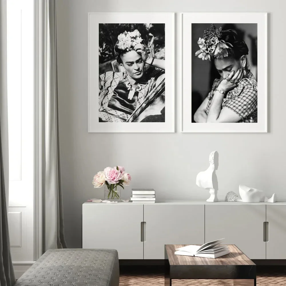 Preto e branco arte retro mulher mexicana frida carlo retrato pintura em tela arte da parede sala de estar decoração casa