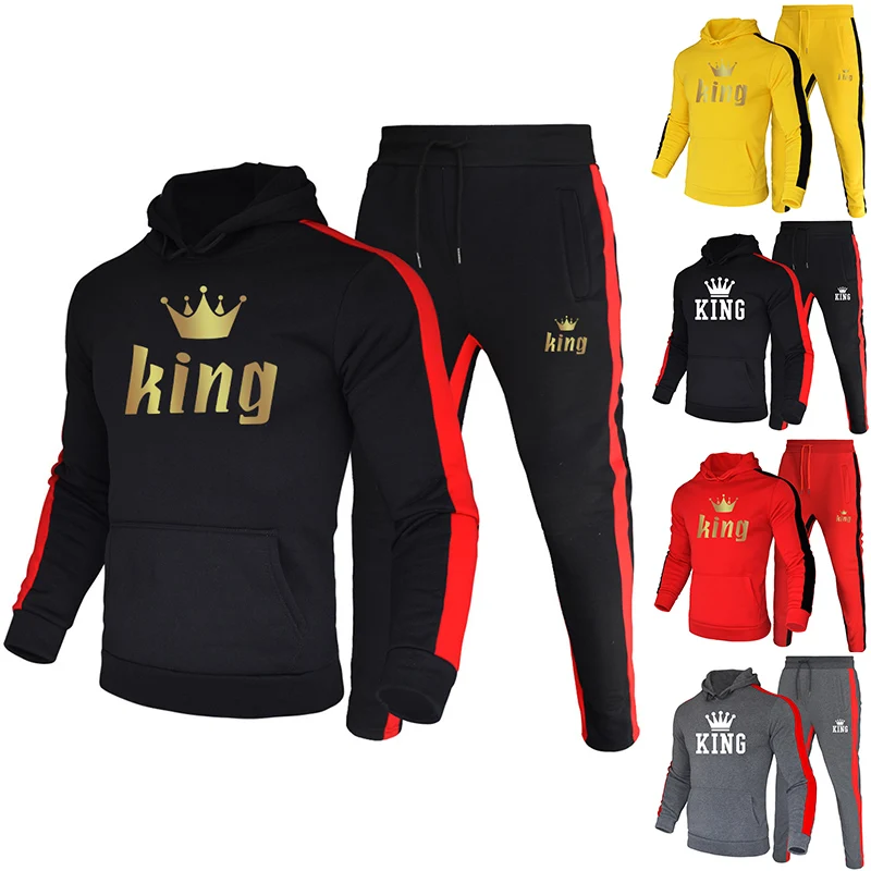 

Men's Tracksuit King Print Hooded Sweatshirts and Pants 2Pieces Set Fashion Casual Spring Autumn High Quality Male Jogging Suit