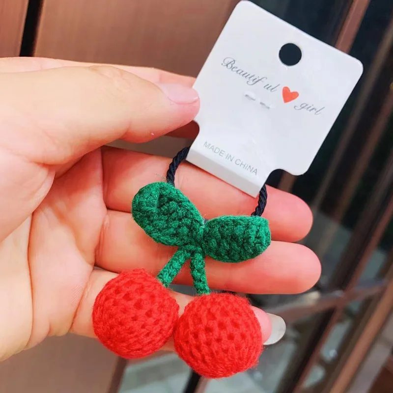 1pc Cute Red Cherry Wool Knitted Hair Clip Sweet Hair Crocheted Tie Hair Accessories Baby Princess Headdress