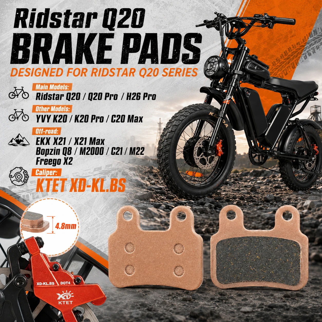 Pastillas de Freno KTET XD-KL.BS Semi-Metálicas de 2 Pistones para Motocicleta Eléctrica Ridstar Q20 YVY EKX Bopzin Freego Hidráulica