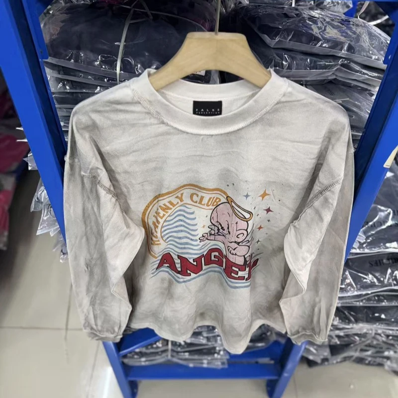 Vintage False Perception Long Sleeve Tshirts Little Angel Print Round Neck Women Men Tee Tops Streetwear