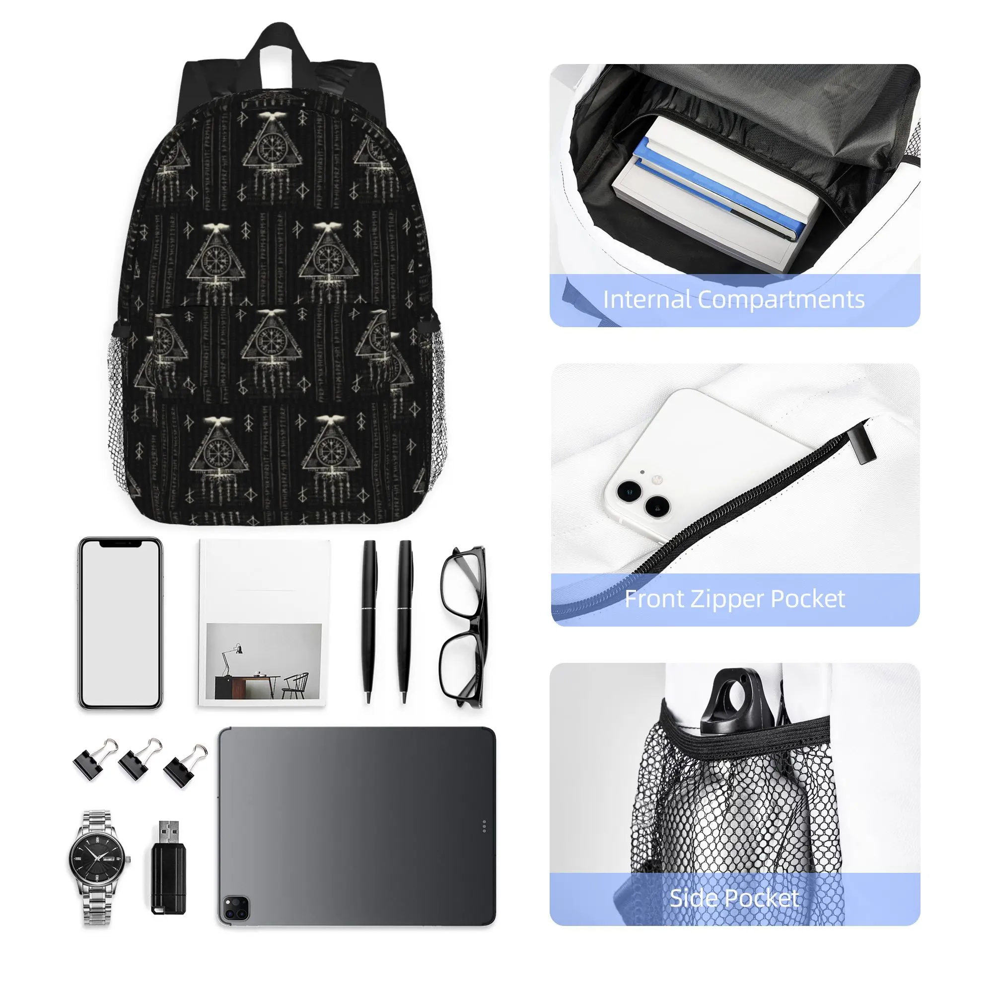 Viking Rune Triangle Design and Norse Symbols Backpack Hot Sale Daypack Boys Girls BookBag Shoulder Bag for Men Women School Bag