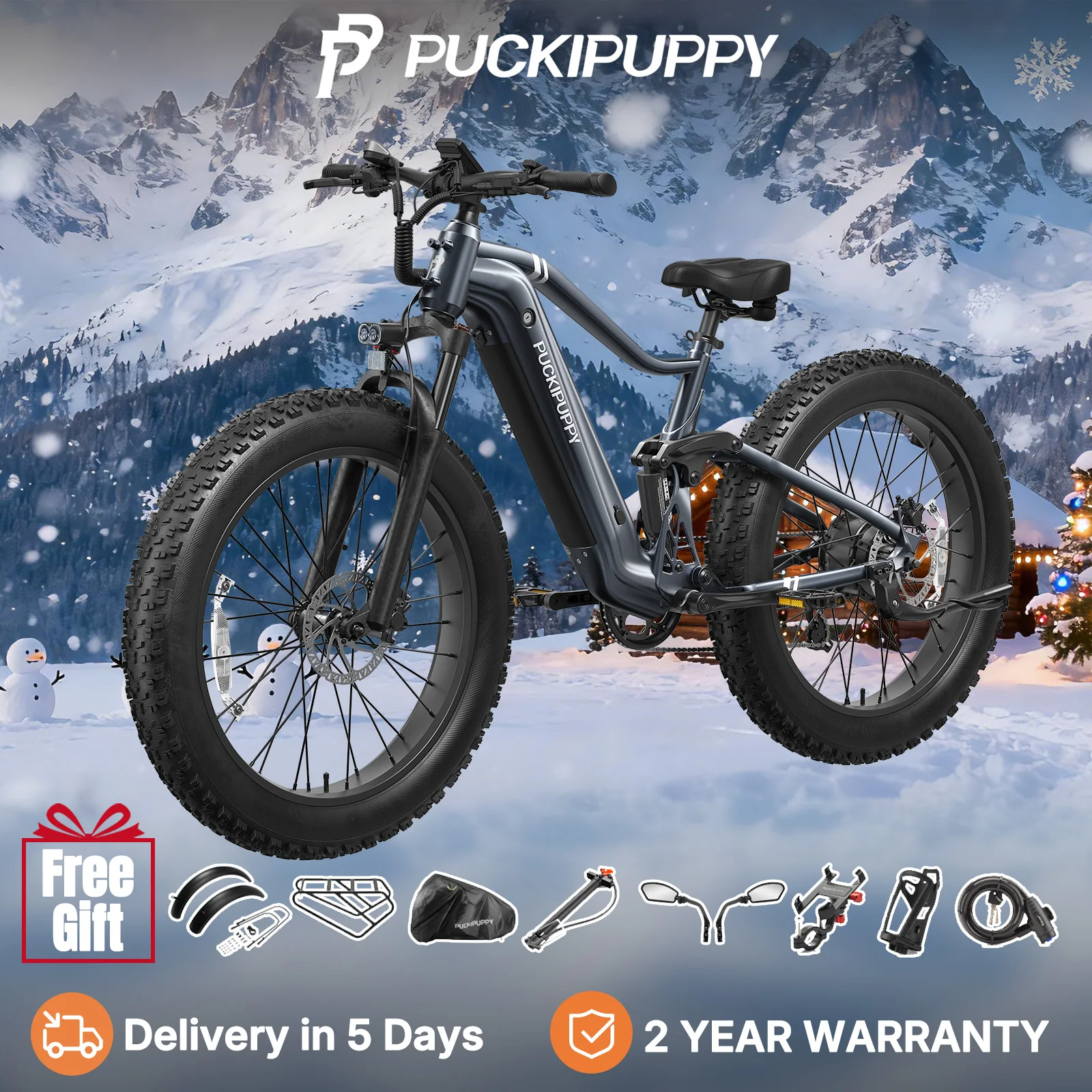 

PUCKIPUPPY Boxer Electric Bike 960W 48V 20AH Ebike Full Suspension 26" Fat Tire E Bike 80Miles Range Mountain Electric Bicycle