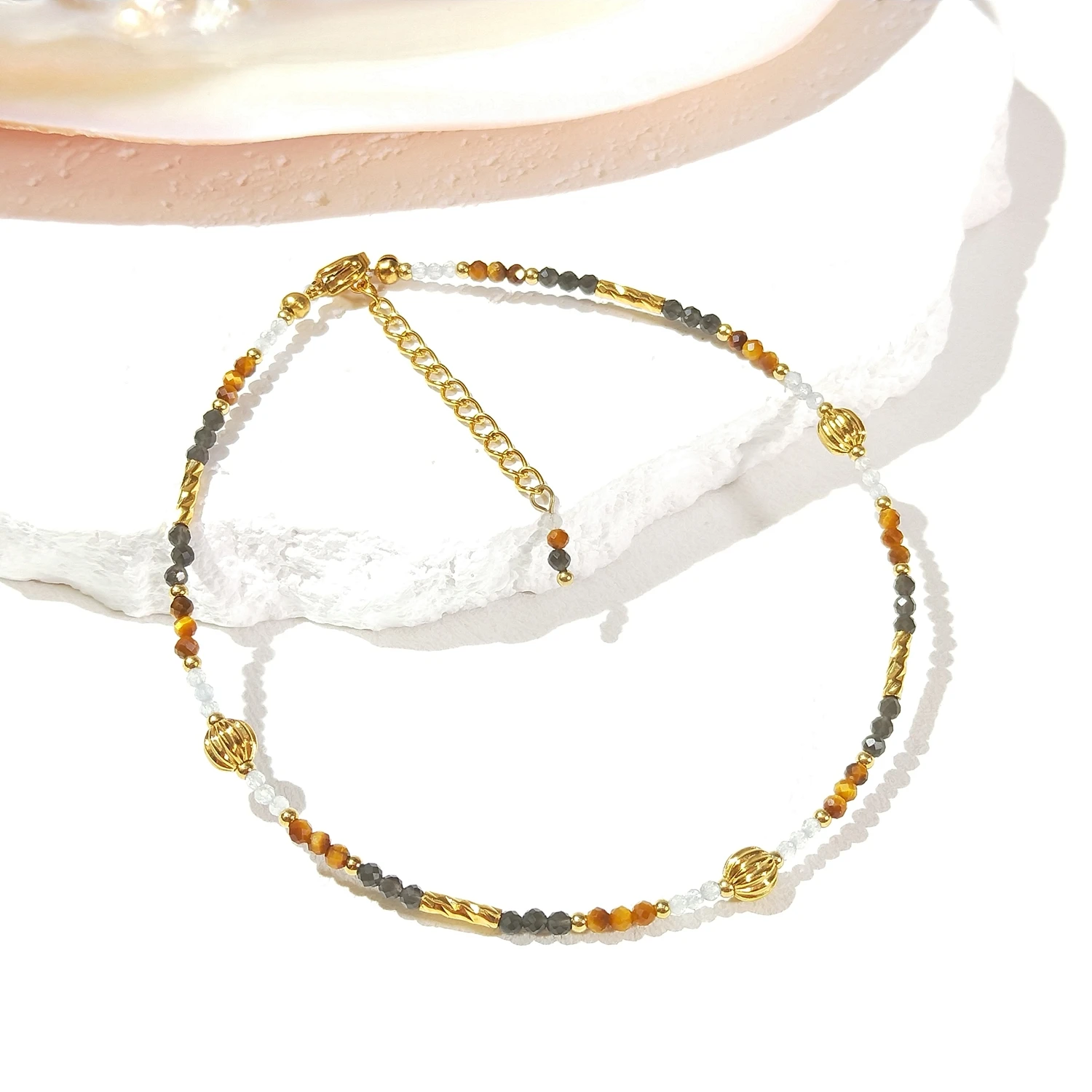Lii Ji Natural Stone 2mm Citrine Obsidian Tiger Eye With Crystal Beaded Anklet 24+4cm Handmade Bohe Fashion Jewelry For Female