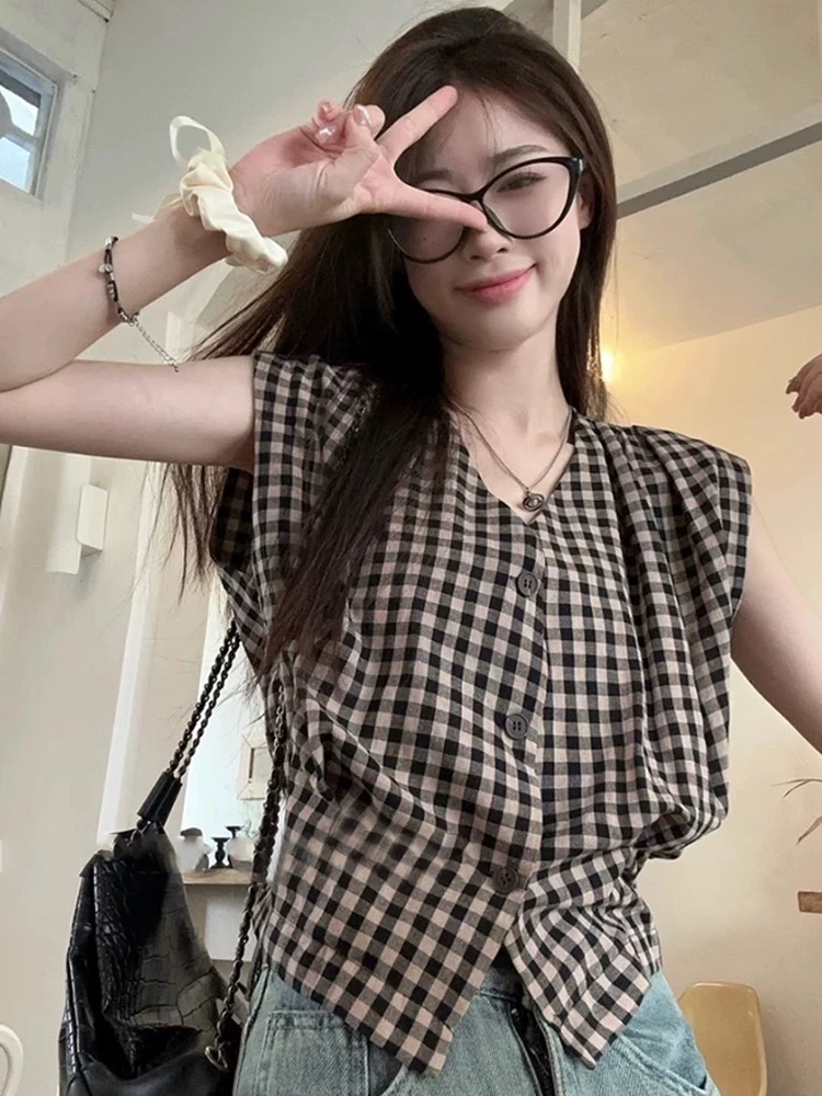 

Жилет в клетку в стиле ретро, женский летний уличный дизайн, топ с застежкой на талии, свободный крой, V-ne