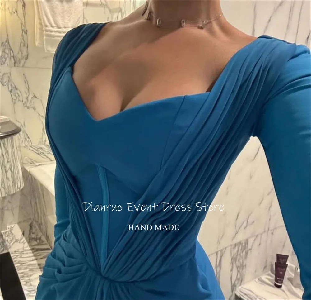 Dianruo Blau Geraffte Schatz Abendkleider Elegante Lange Ärmel Abendkleider Dubai Chiffon Kleider Für Frauen 2025, Angepasst