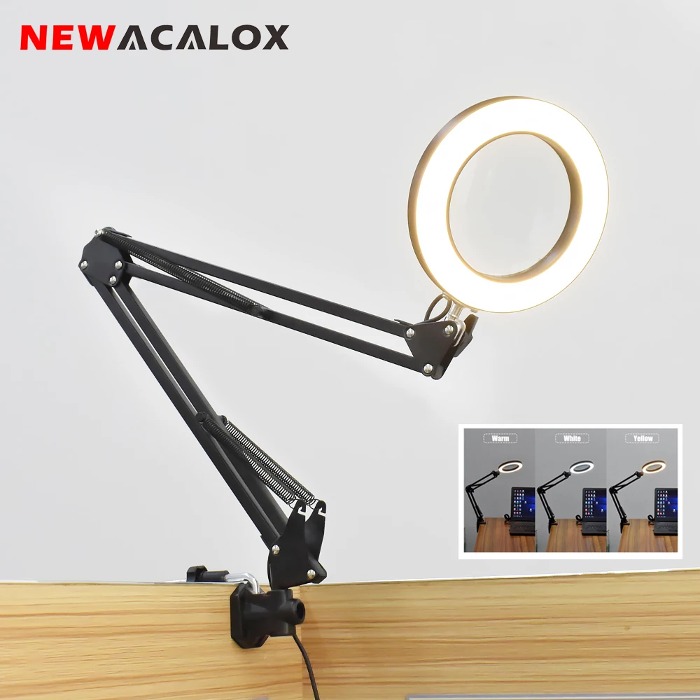 Imagem -02 - Tabela Ajustável Braçadeira 5x Lupa com 72 Smd Led Luz Modos de Cor Stepless Regulável Lâmpada de Mesa Lupa para Leitura