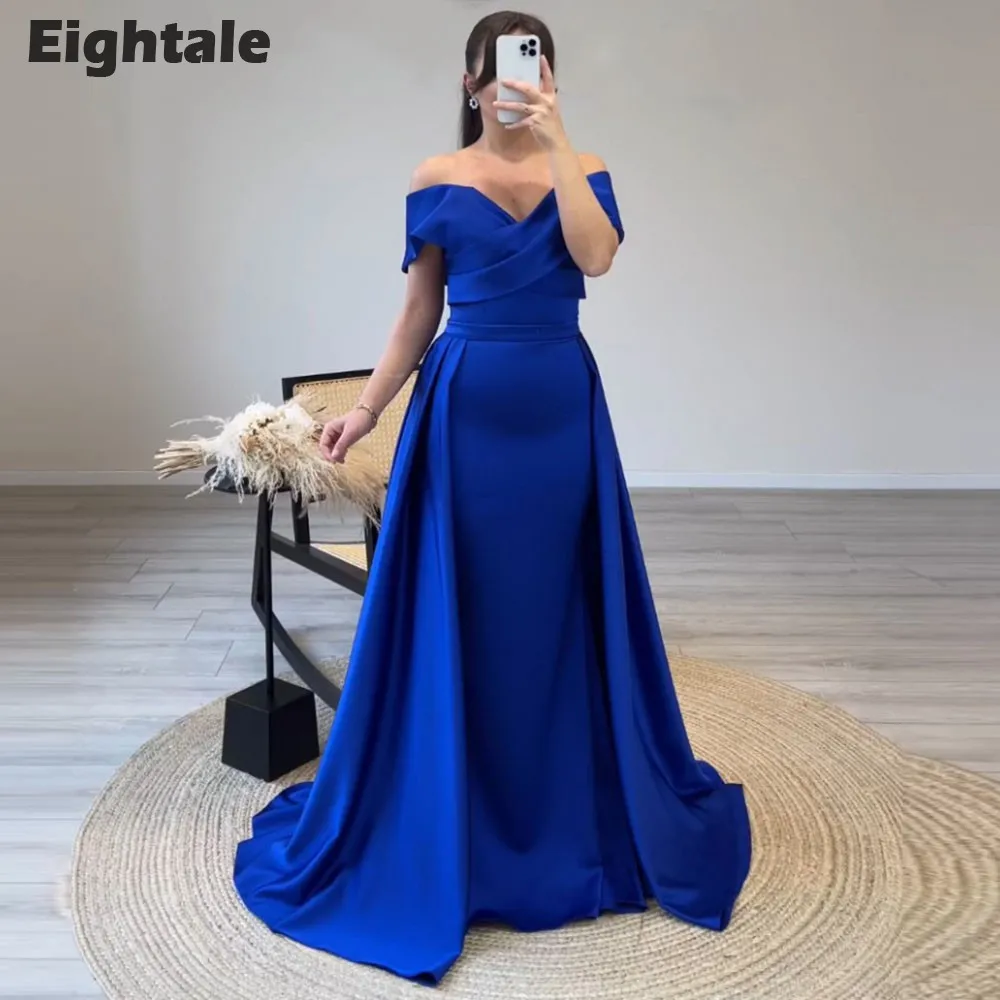 

Eightale Royal Blue Evening Dress with Detachablee Skirt Mermaid Prom Gown Satin Off Shoulder Custom Made Wedding Party Dress