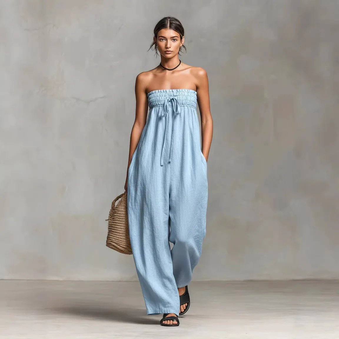

2026 Spring Summer Women Jumpsuit Overalls Strapless Playsuit Pants Trousers One Piece Outfit Cotton Linen