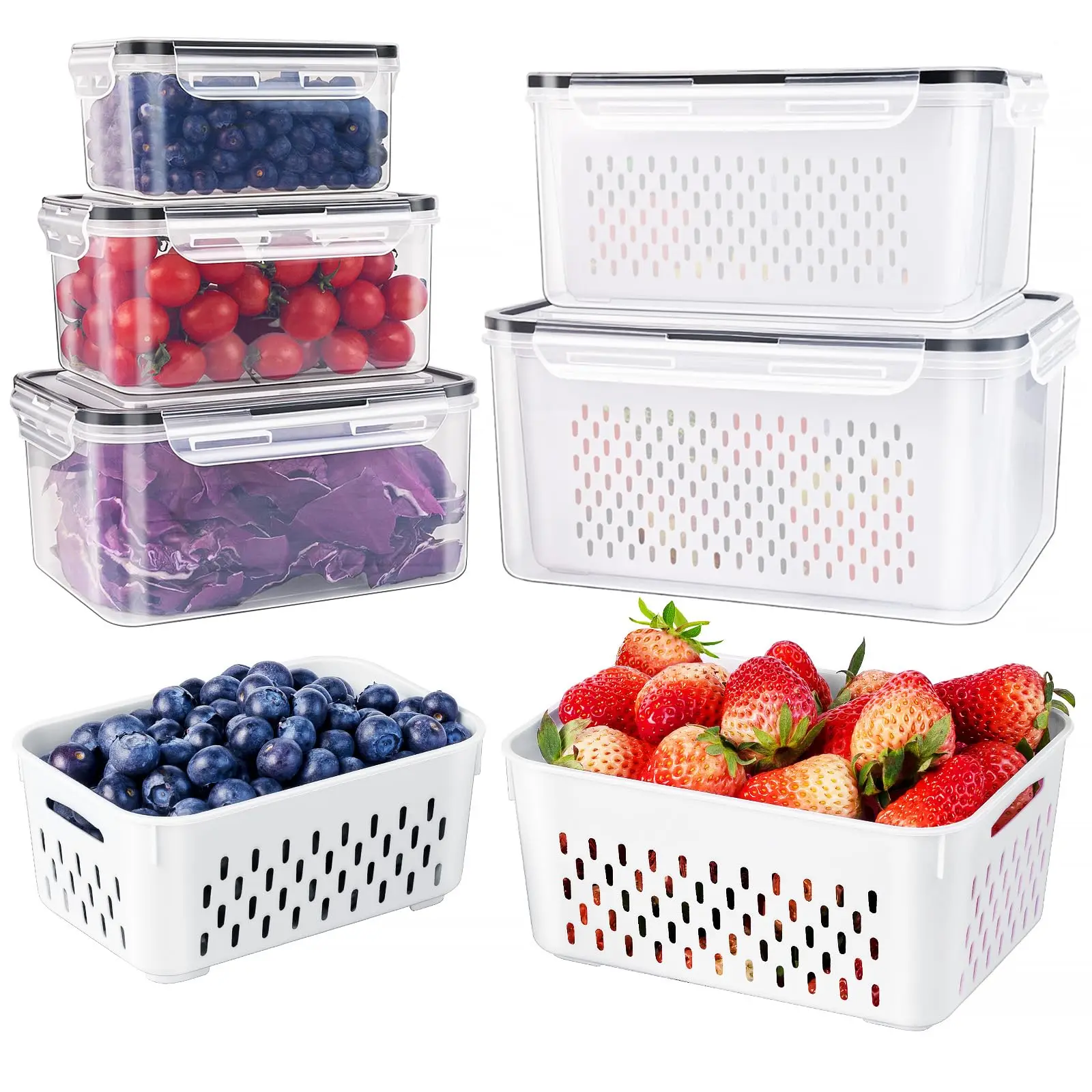 5Pcs Stackable Fridge Organizers with Removable Colander BPA-Free Clear Food Storage Containers Refrigerator Fresh Produce Saver Bins Drain Basket for Fruit Berry Vegetable Meat Keeper