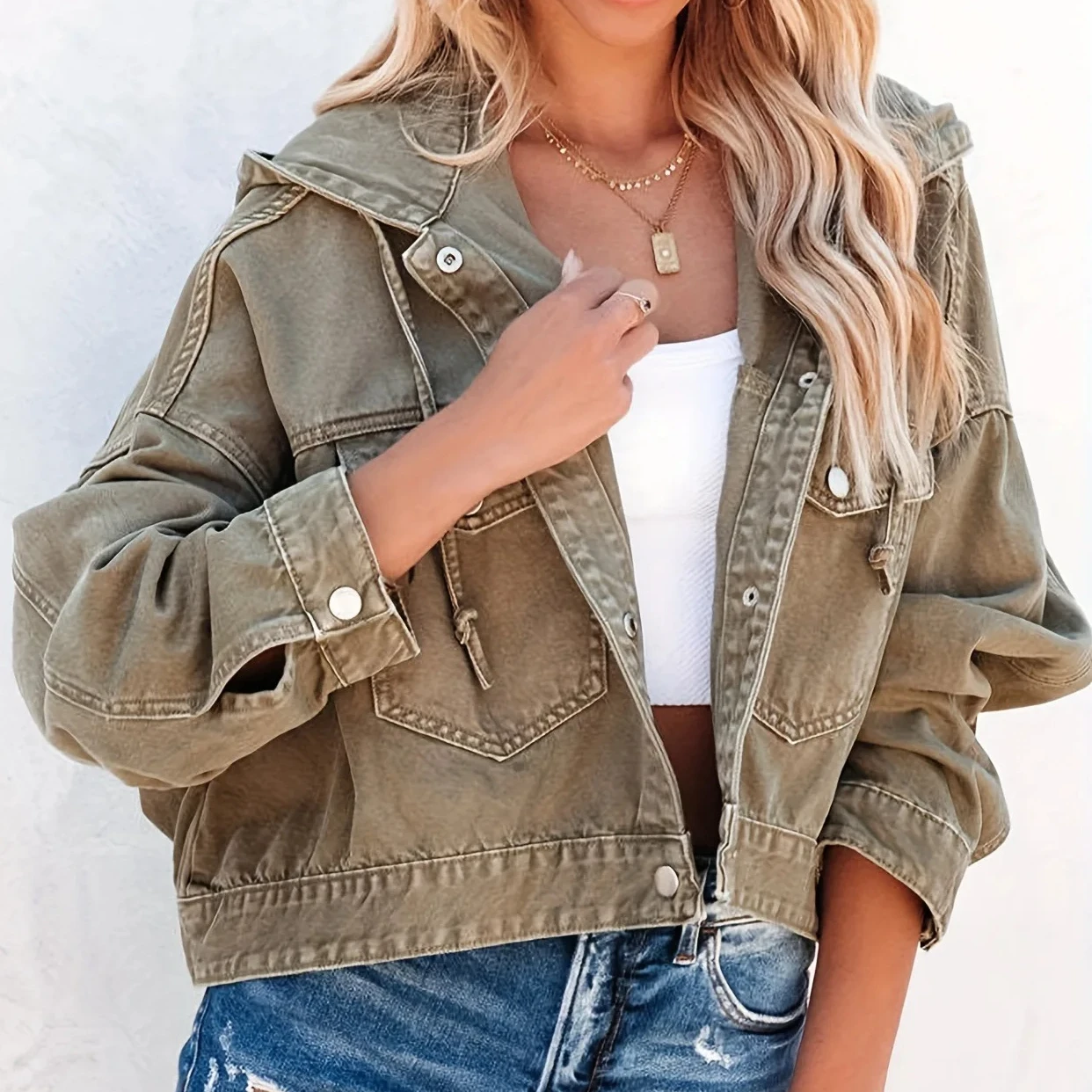 Denim Jacket Women Short Coat Hooded Pockets Single Breasted Washed Overcoat Streetwear Jackets 2025 Autumn Vintage Outerwear