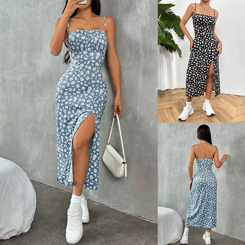 

Chic Floral Summer Dress For Women Sleeveless Wrap Neckline High Slit Daisy Print Sexy Casual Beach Party Mini Sundress
