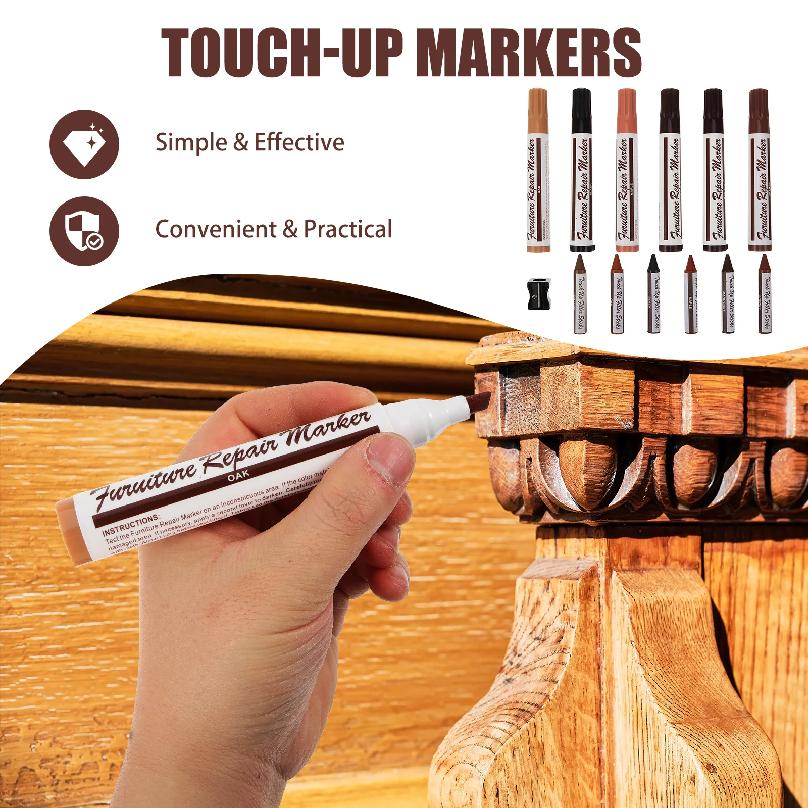 

1Set Furniture Repair Pen Wood Floor Repair Kit Fast Drying Strong Coverage Touch-Up Marker for Wood Stain Scratches Dents