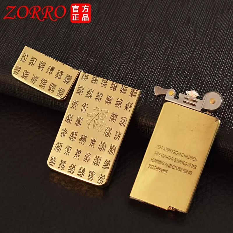 ZORRO Ultra-thin Pure Copper Double-Sided Carving Kerosene Lighter Portable Windproof Grinding Wheel Lighter Smoking Gadgets 7mm