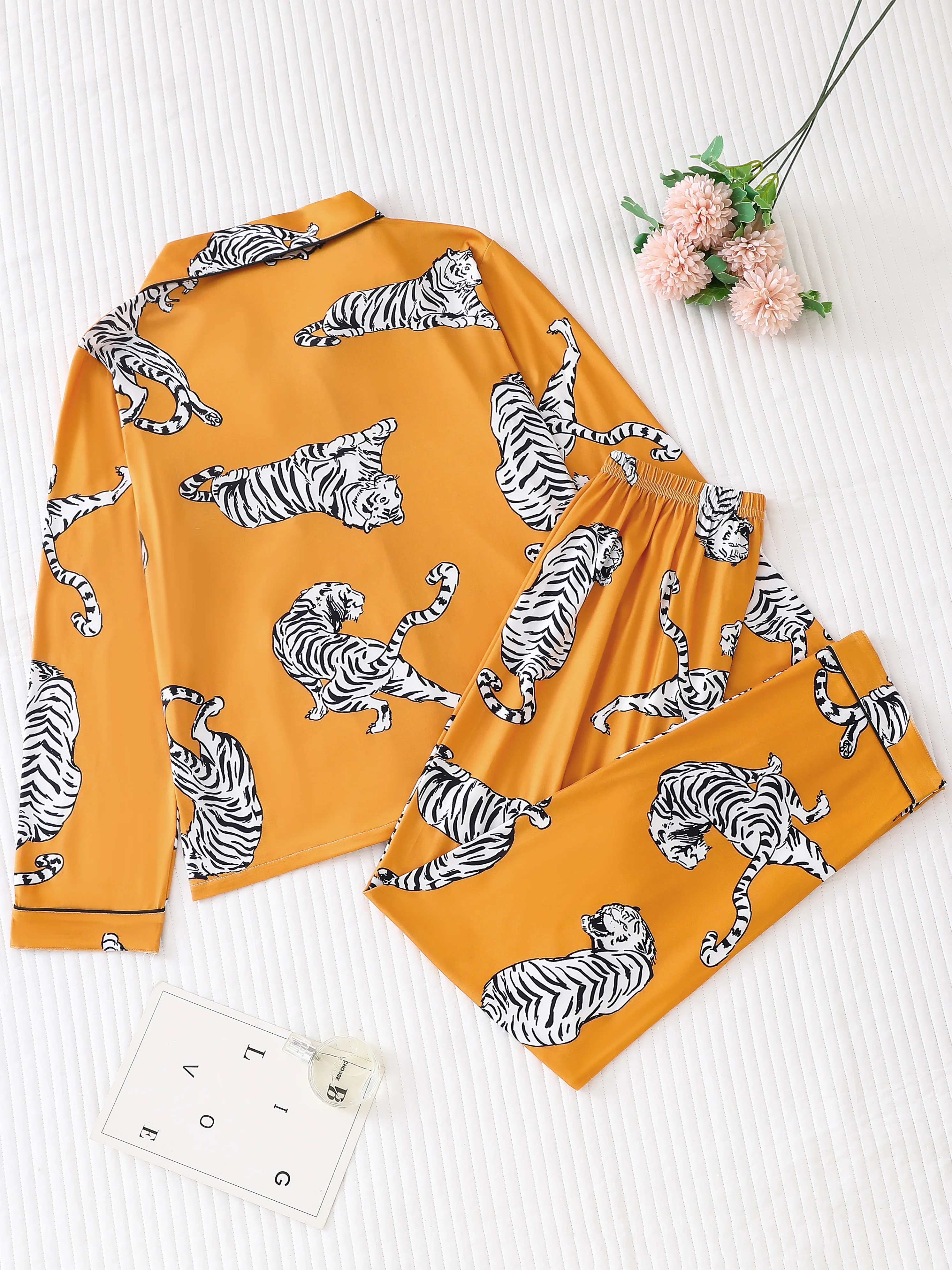 Animal tiger print pajama set for women casual cardigan with lapel long sleeve top and loose trousers women\'s loungewear