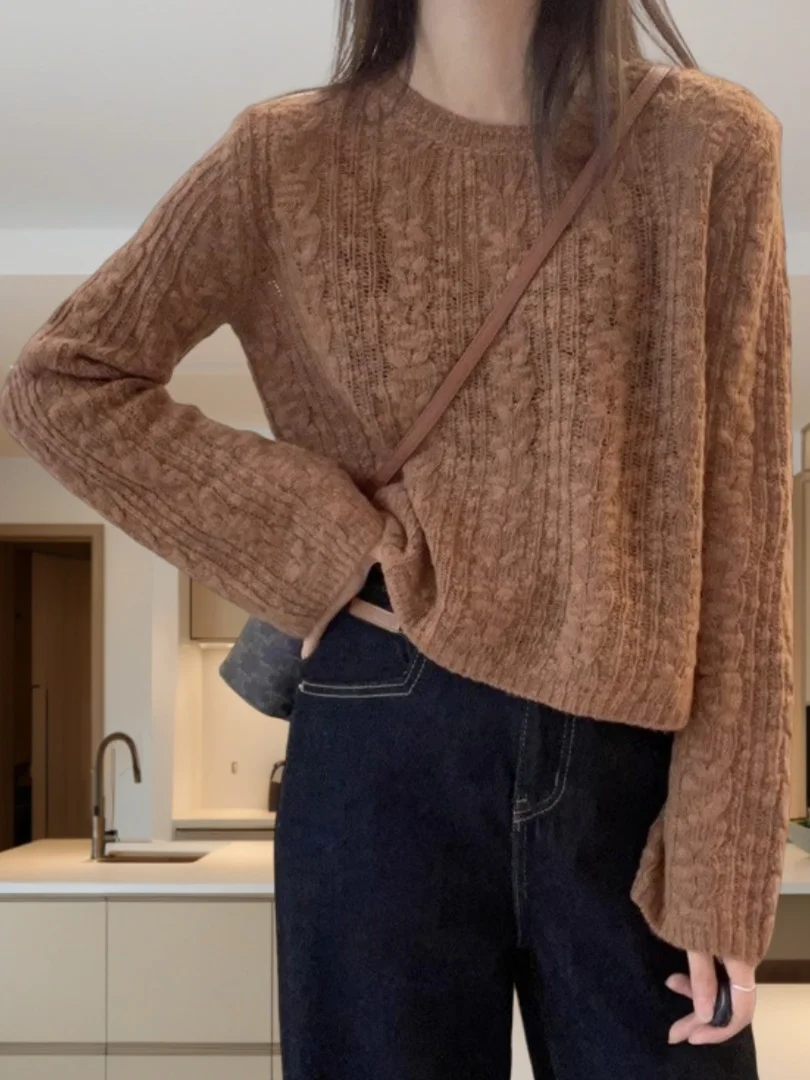 핑크 스웨터 여성용 라운드 넥 니트 탑 부드러운 레이지 스타일 이너웨어 베이스 셔츠 가을 겨울 신상 출퇴근룩...