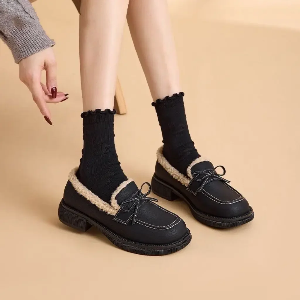 

Women's Casual Bow Knot Genuine Leather Fleece Lined Loafers British Style Winter New Arrival Warm Shoes
