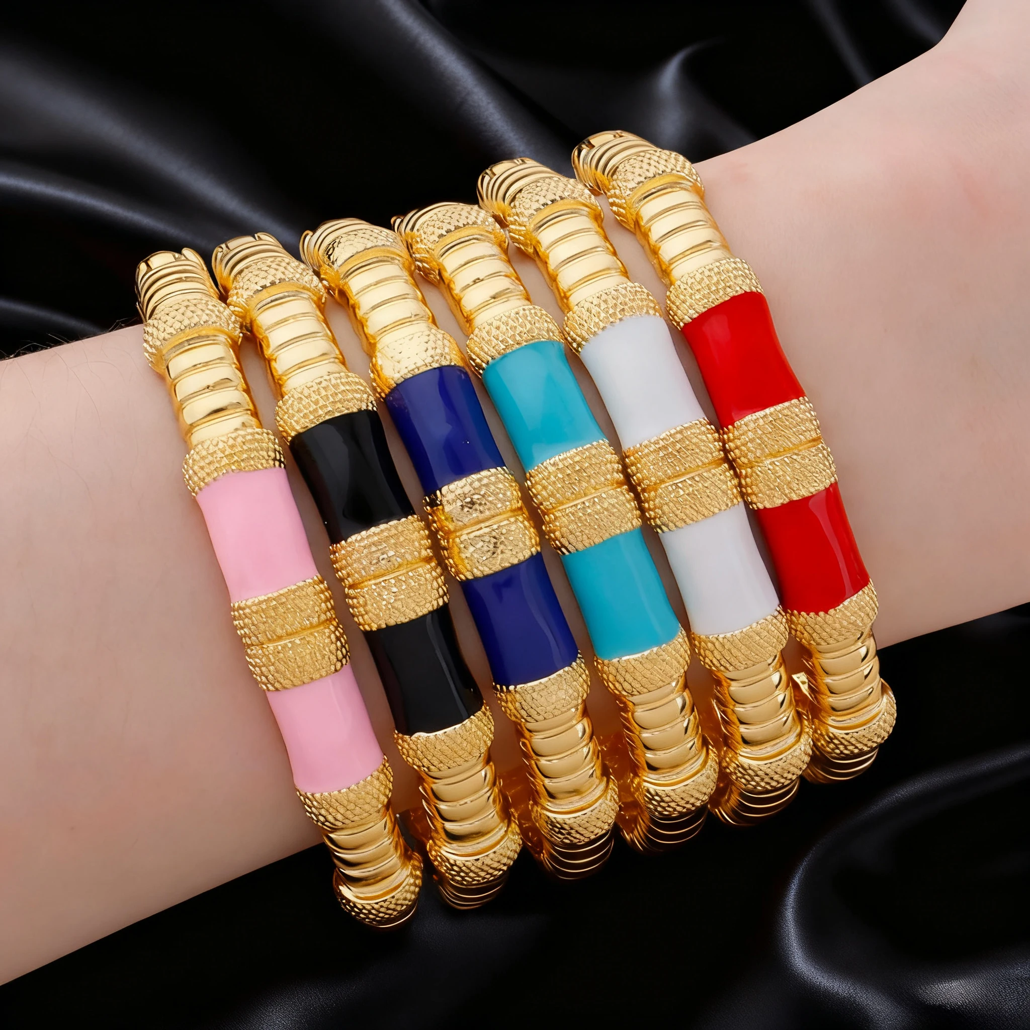 

18K Gold Vintage Bamboo Tube Cuff Bangle, Round Acrylic Resin Beaded Elastic Bracelet for Women, Fashion Jewelry Sets Gift