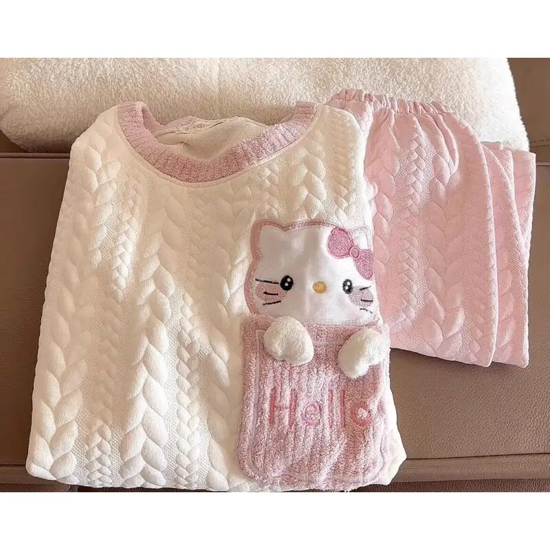 

Пижамы Sanrios Hello Kitty, 2 шт., милые осенне-зимние детские теплые брюки с длинными рукавами, утепленная домашняя одежда, которую можно носить на улице