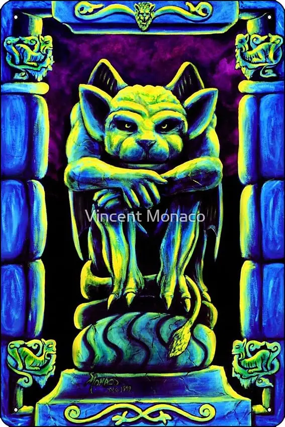 Oedrtqi Psychedelic Trippy Goth Gargoyle by Vincent Monaco Poster Funny Metal Tin Sign for Home Kitchen Bar Room Garage Decor ;