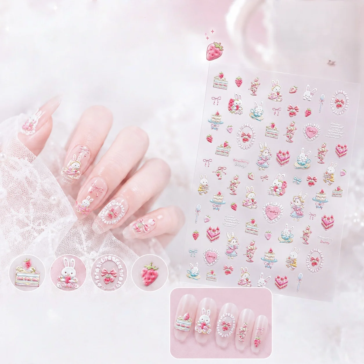 Süße Kuchen 5D Nagelkunst-Aufkleber Geburtstagsparty Kerze Bär Hase Kirsche Selbstklebende Nagelsticker Maniküre Niedliche Feier