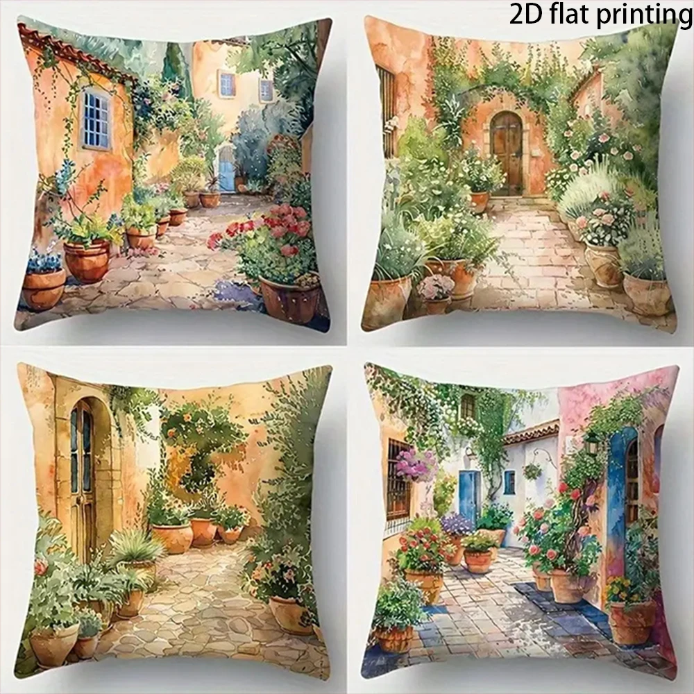 1/4PCS Vintage Mediterranean Courtyard Pillow Covers ,Suitable for beds, sofas, lounge chairs, home decoration.