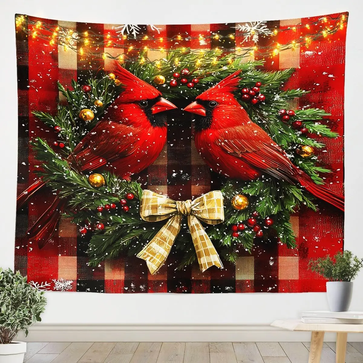 Christmas Cardinal Tapestries Medium Red Black Rustic Farmhouse Buffalo Plaid Tapestry Christmas Wreath Tapestry Wall Hanging