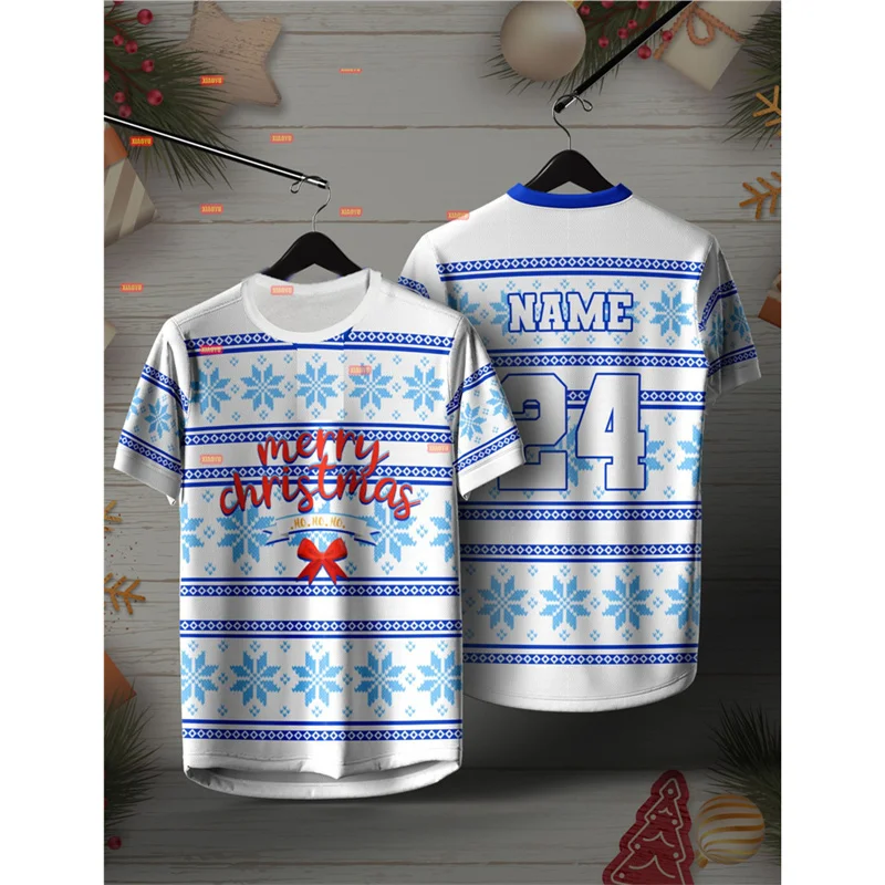 

Рождественская футбольная майка с номером на заказ, футболка унисекс, новогодняя спортивная майка с 3D принтом, футболка с короткими рукавами и рисунком Санта-Клауса