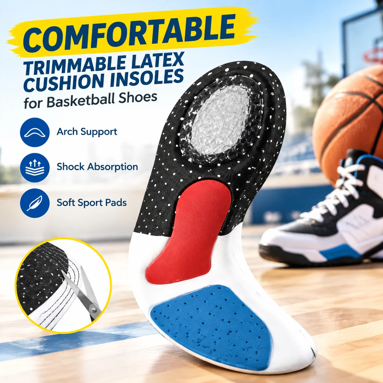 Comfortable Trimmable Latex Cushion Insoles for Basketball Shoes with Arch Support and Shock Absorption, Soft Sport Pads