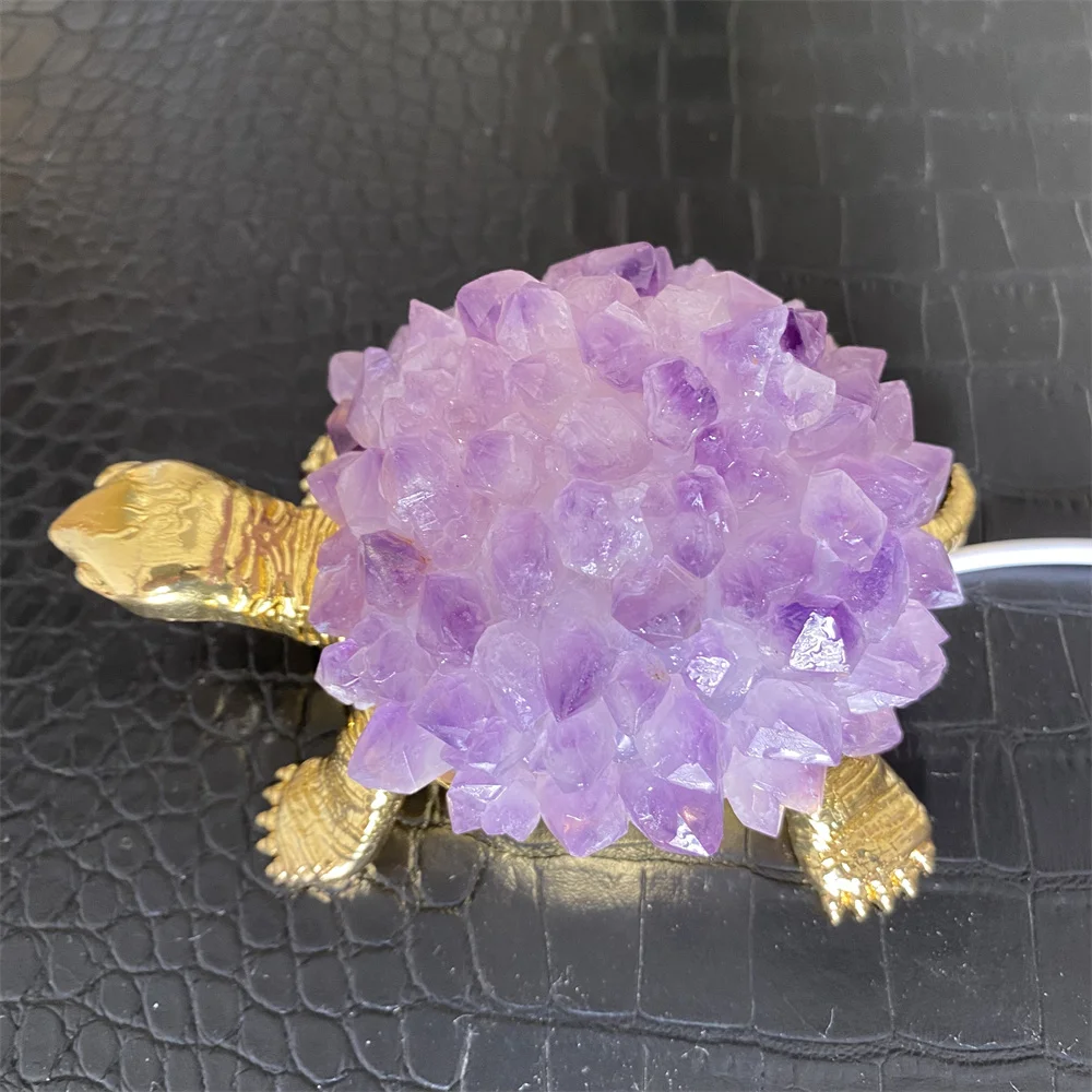 Natural Crystal Stone Amethyst Tooth Turtle Cute Animal Figurines Healing Statue For Home Decoration Child Bedside Lamp Gifts