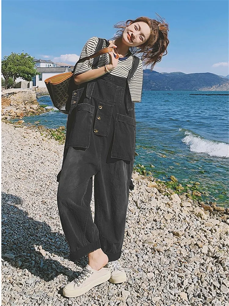 Big Pockets Spliced Ribbon Japan Style Streetwear Loose Overalls Strap Pants 2022 Summer Women Hip Hop Cargo Harem Trouser 6708