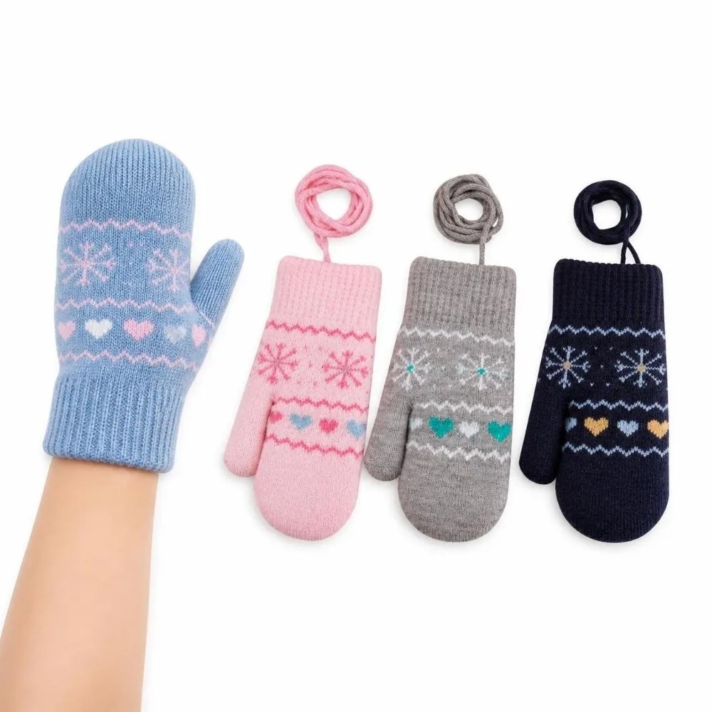 Thickened Warm Ski Gloves Full Finger Solid Color Children Knitted Mittens Hanging Neck Rope Lining Boys Girls Gloves