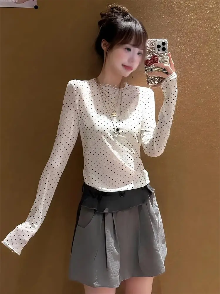 Korean Style Polka Dot Print round Neck Sleeve  Light Thin Base Women's Top 2026 Autumn New Arrival Commute Style Slim Fi...