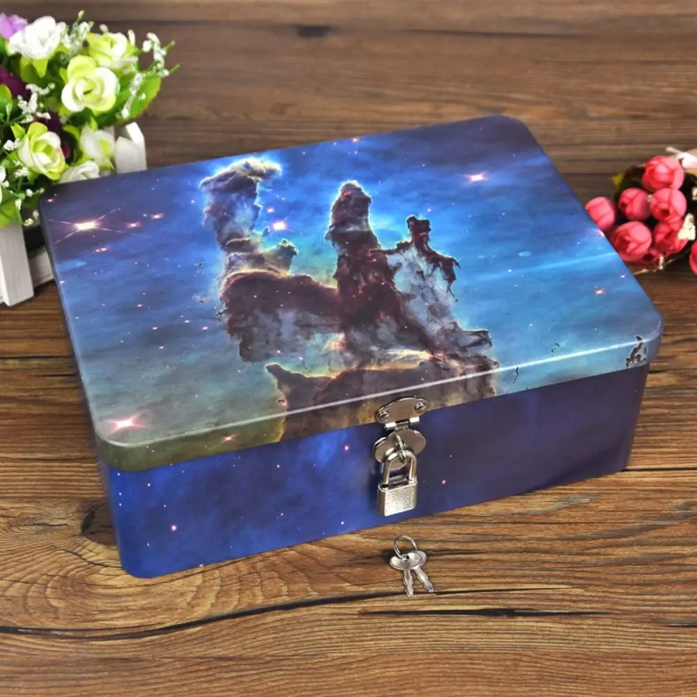 Vintage Large Capacity Tinplate Box with Lock Key Desktop Jewelry Storage Case Metal Box Makeup Box