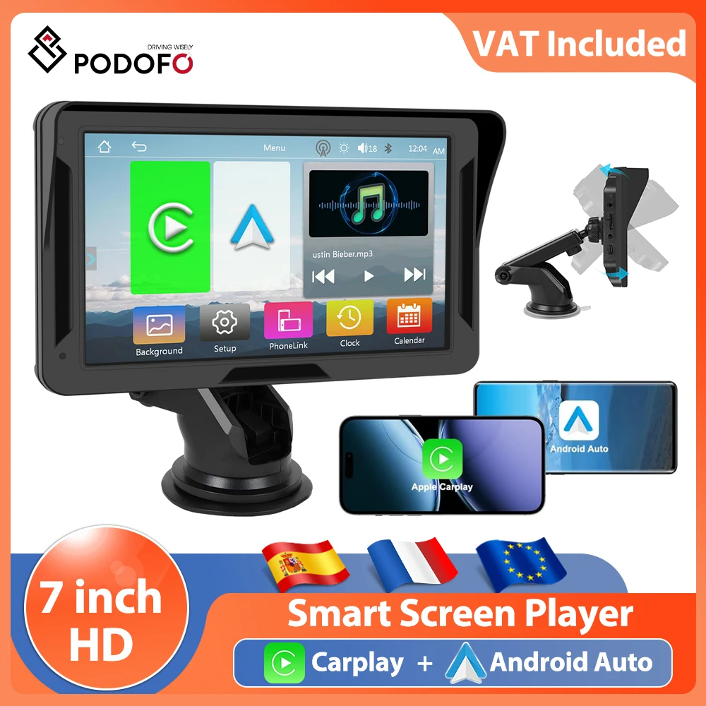 Podofo 7 '' Cruscotto Lettore Multimediale Per Auto Carplay Android Auto Lettore Intelligente Portatile Per Auto DVR Bluetooth EQ AUX FM Lettore MP5