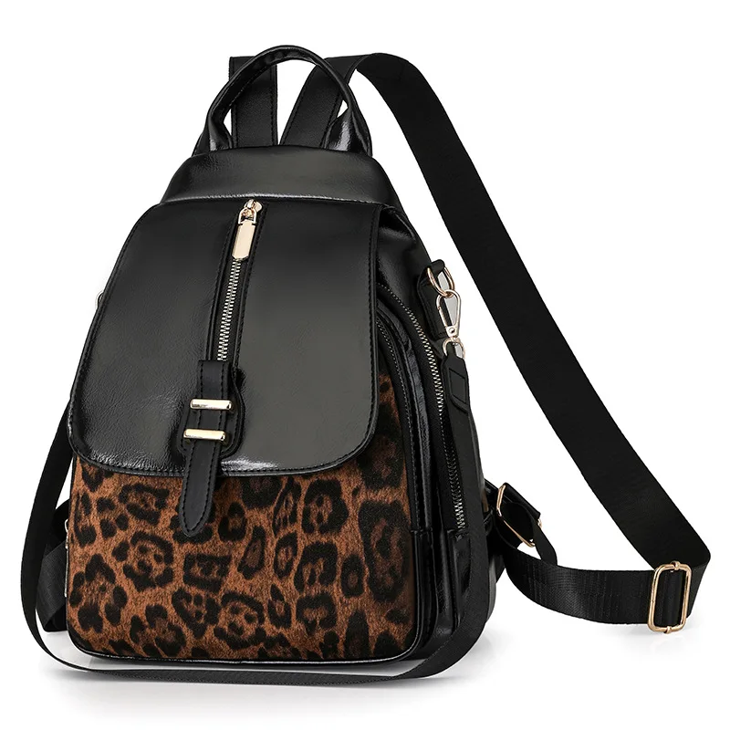 PU leather retro casual backpack with leopard print and contrasting color, outdoor large capacity travel bag