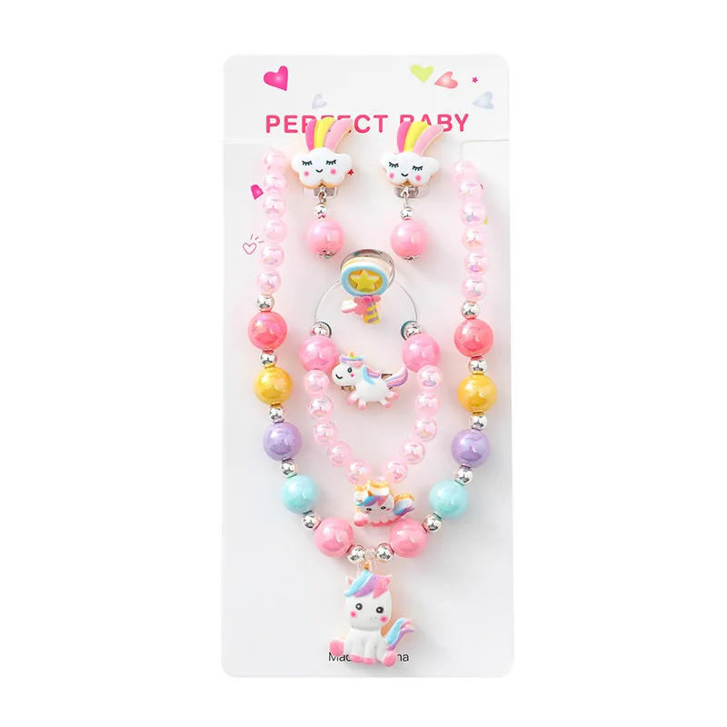 Cute Cartoon Colorful Unicorn Animal Child Sweater Necklace Bracelet Earring Ring Girl\'s Gifts Children\'s Jewelry Sets For Kids
