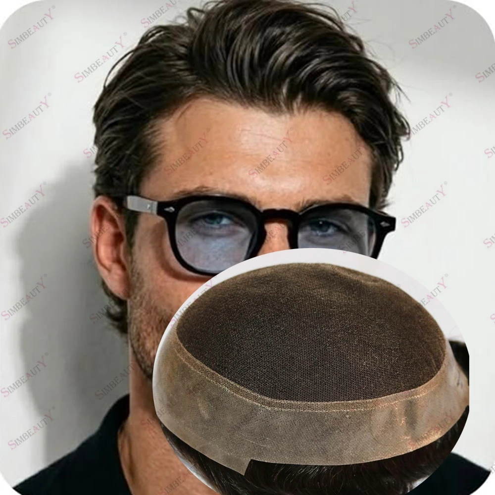 Natural Hairline 100% Human Hair Men's Toupee Australian Grey Black 1B40 Lace&PU Breathable Material Hair Replacement System Wig
