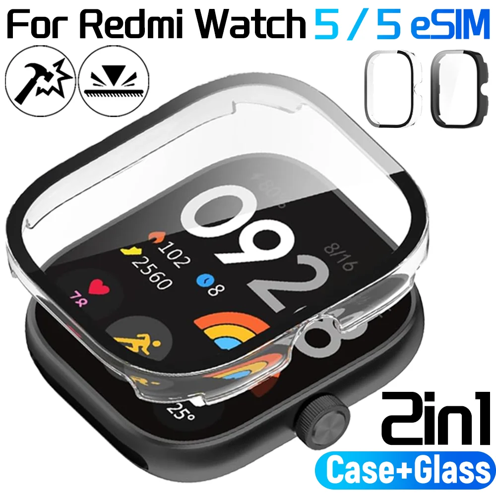 

2 in 1 Glass+Case for Redmi Watch 5/5 ESIM Clear Tempered Glass Screen Protector Hard PC Protective Bumper Anti-Scratch Cover
