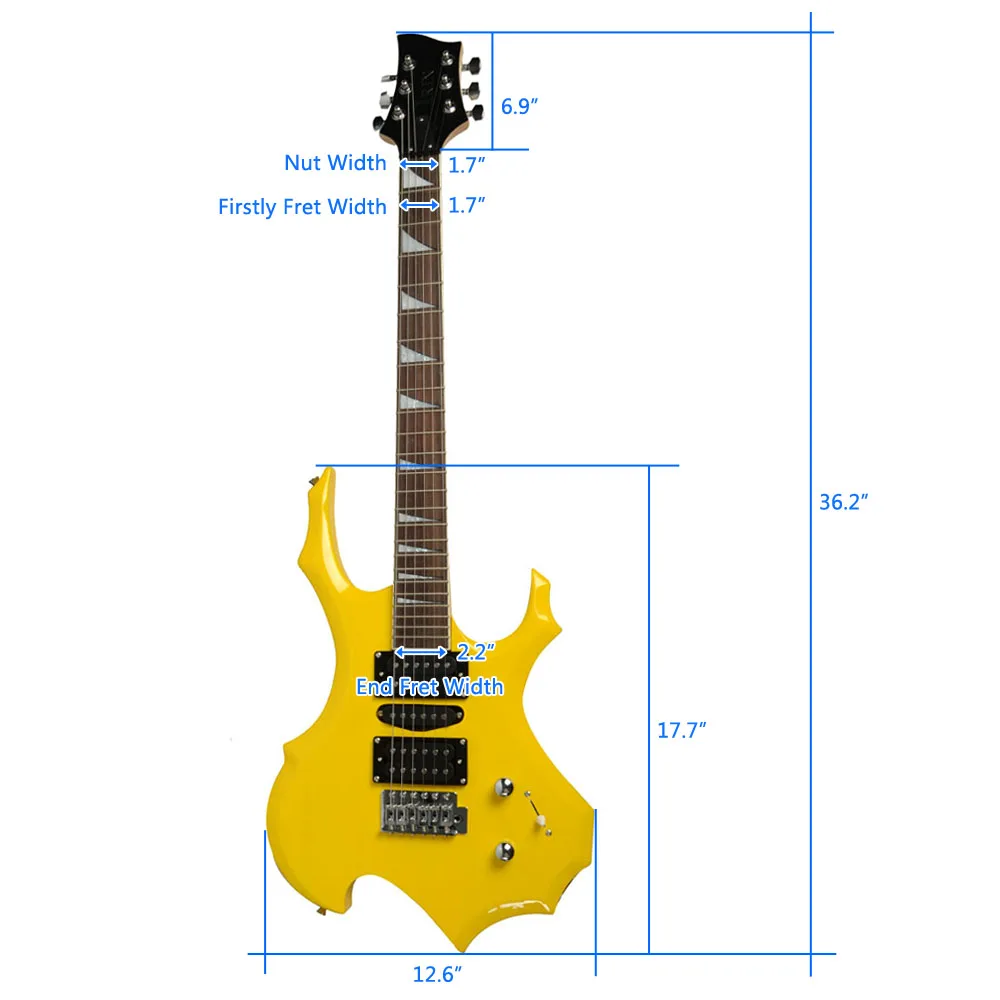 Novice Flame Shaped Electric Guitar HSH Pickup Bag Strap Paddle Rocker Cable Wrench Tool Yellow