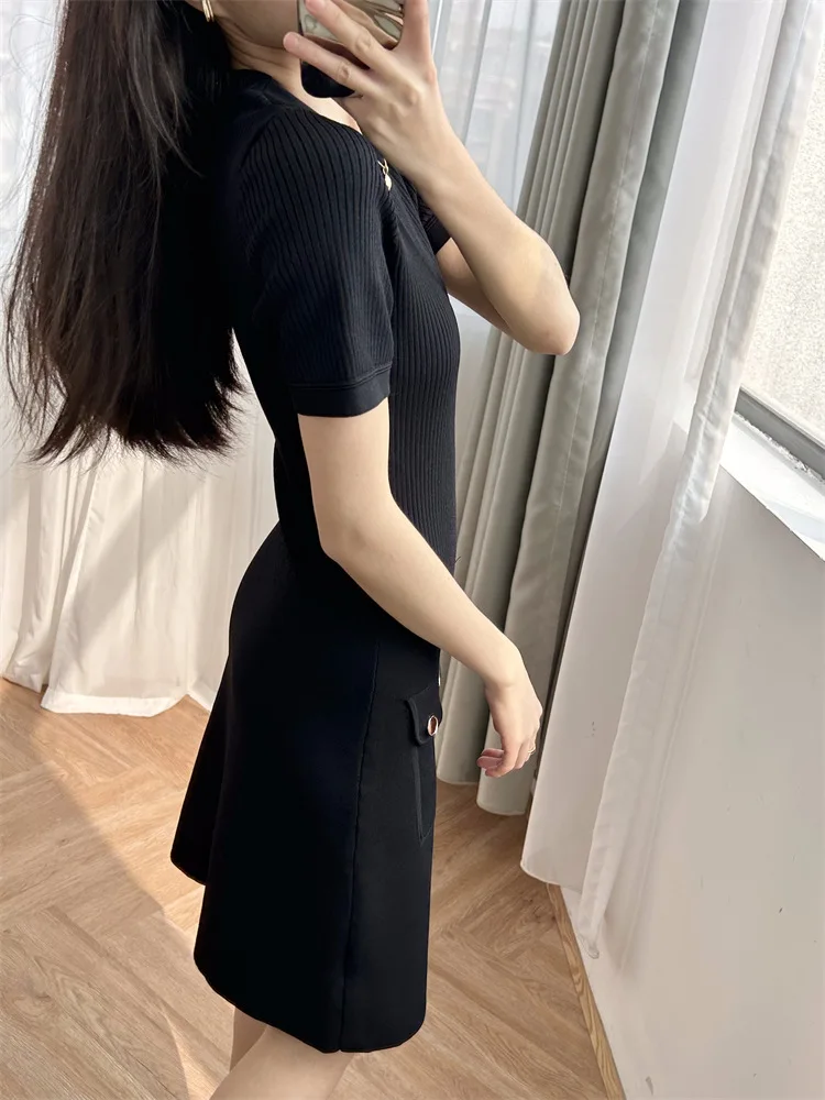 New 2024 Summer Women Knit Slim Fit Short Dress O-Neck Buttons Pocket A-Line High Street Elegant Design Trendy Stylish Casual S