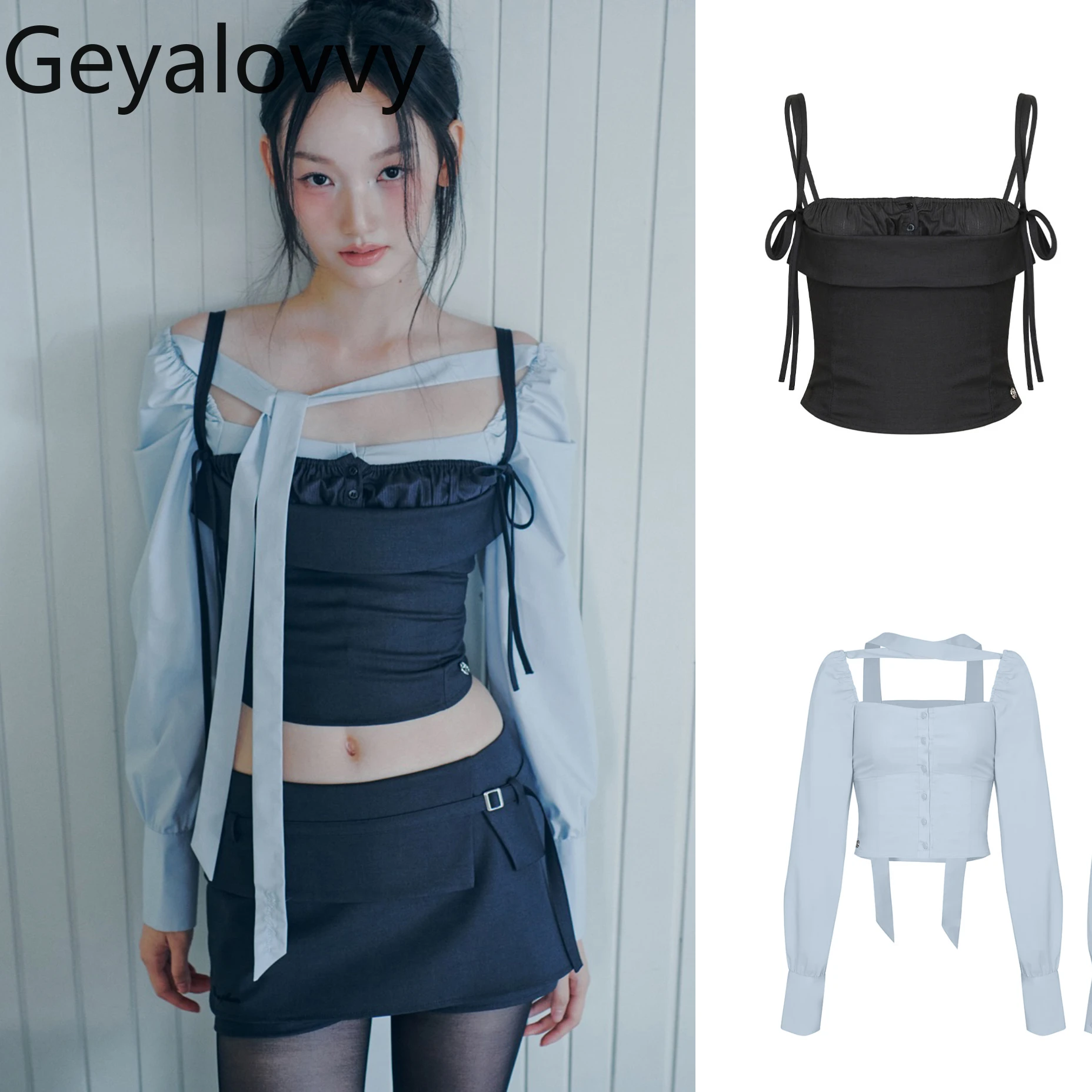 

Women's Blouses Solid Color Fashion Lace-Up Puff Sleeve Square Neck Shirt Simple Spring Autumn Long Sleeve Top Japanese Style