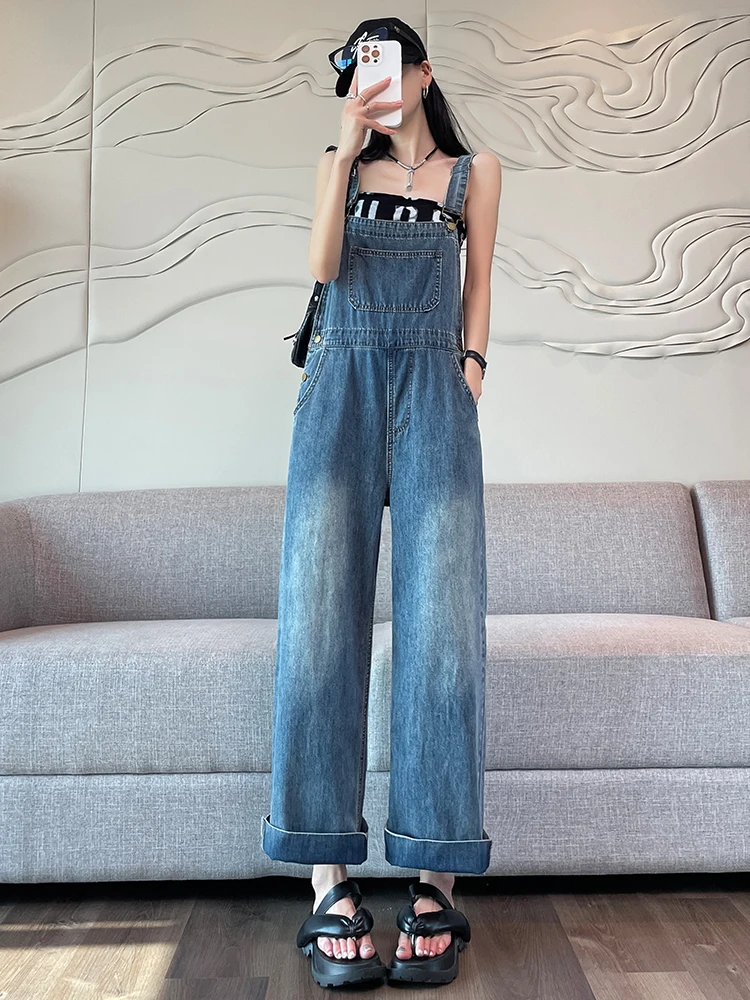 

Summer Thin Wide Leg Denim Overalls Women's Loose Fit Retro Agel Slimming One-Piece Pants High Waist Cotton Blend Jeans